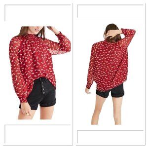Madewell‎ Mistlight Mock Neck Top in Seattle Floral Size XS Nouveau Red Blouse